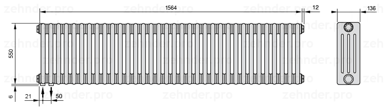 Схема (чертеж) Радиатор Zehnder Charleston 4055/34 №3370 Белый глянцевый RAL 9016